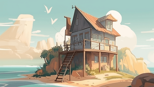 沙滩背景图片_卡通房子海边风景插画