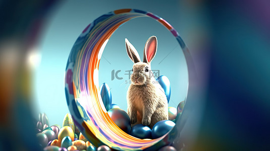 复活节兔子耳朵从蛋形孔中窥视的 3D 渲染