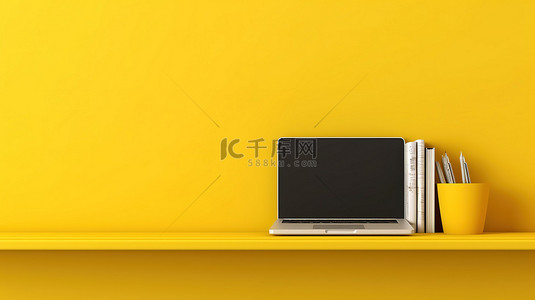 带有笔记本电脑的黄色架子的 3D 插图