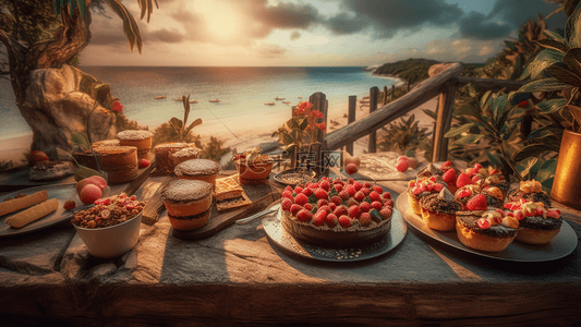 水果创意造型背景图片_夏日沙滩水果甜品美食摄影广告背景
