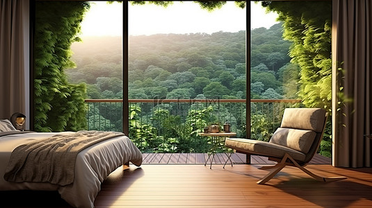 拥有郁郁葱葱森林景观的现代阳台房的 3D 渲染