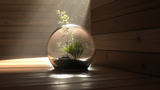 现代空置房间，硬木地板上有 3D 设计的盆栽植物