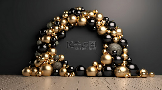 黑金背景新年背景图片_空背景 3d 渲染上带有黑色和金色装饰品的当代圣诞花环
