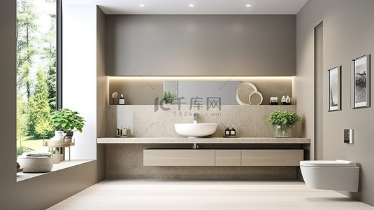 浴室背景图片_时尚时尚的浴室设计，配有现代厕所别致的柜子和优雅的盆 3D 渲染