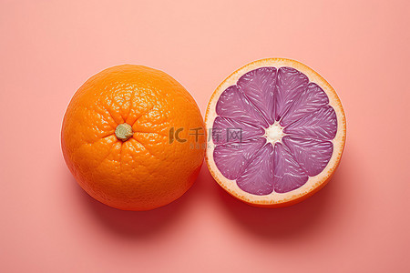 紫色橙色背景图片_粉色背景上切成两半的紫色橙色