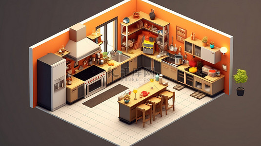 物联网背景图片_室内用餐空间的 3D 插图，配有等距厨房设置，包括炉灶橱柜和厨具