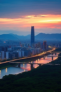 台北背景图片_日落时的城市景观与靠近水的台北天际线