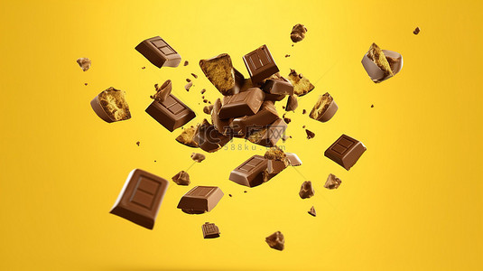 冻结背景图片_运动冻结 3D 插图巧克力块在孤立的黄色背景上飞行