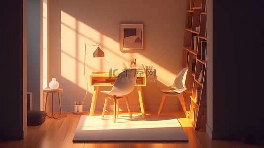 简约现代卡通风格的 3D 渲染室内等距视图，配有夜间阳光照射的房间家具和书架