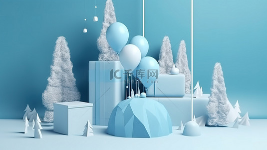 带蓝色气球和雪球 3d 渲染图像美化的礼品盒的冬季讲台舞台