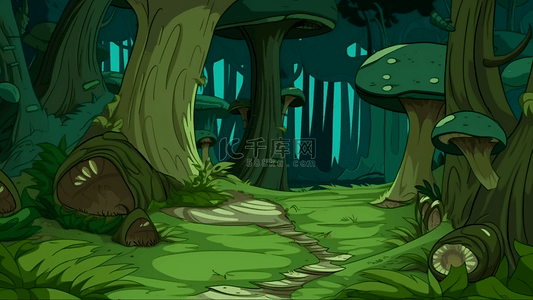 蘑菇梦幻背景图片_森林树卡通蘑菇背景