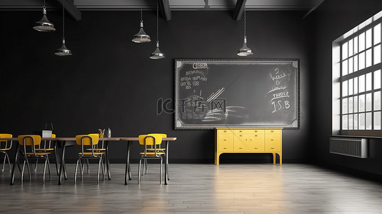简约教室背景图片_灰色室内 3D 渲染中的简约教室黑板和黄色椅子