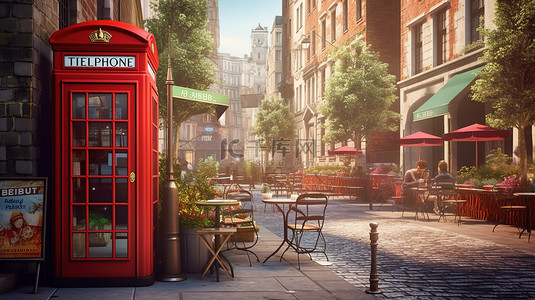 3D 渲染热闹的伦敦街景，设有电话亭长凳自行车和咖啡馆