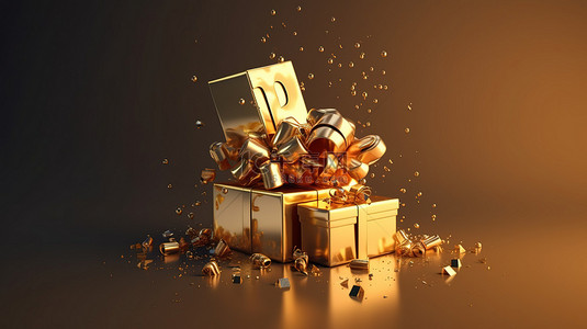 金色礼盒用 3D 渲染和插图传递快乐的新年祝福