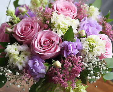 满天星背景图片_美丽的粉红色丁香蓝色白色和满天星玫瑰插在花瓶里