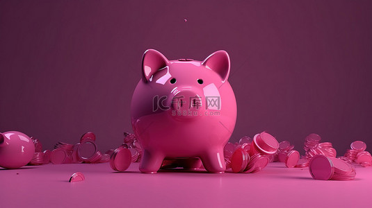 美元硬币的概念 3D 渲染被存入粉红色的存钱罐以进行投资和储蓄