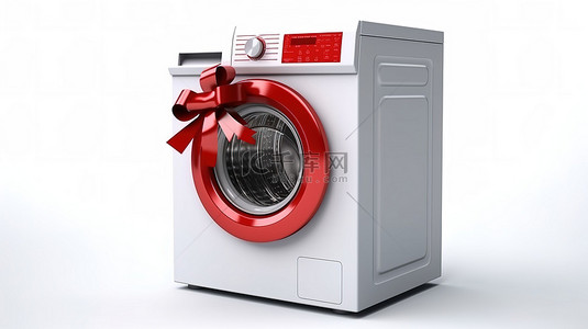 时尚洗衣机，配有红丝带和白色背景 3D 渲染上的最佳价格标志