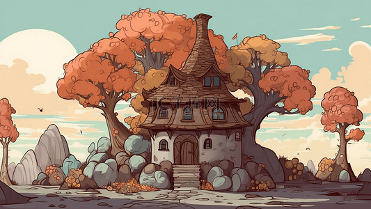卡通房子黄色秋天背景