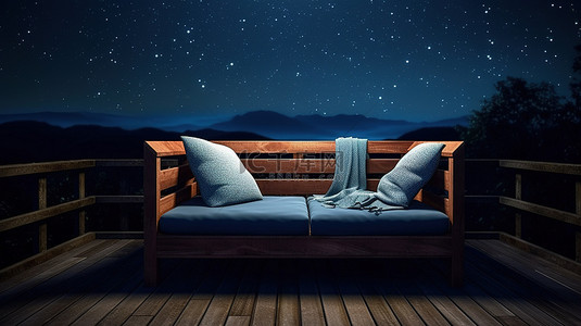 夜间森林景观户外沙发位于木甲板上，配有星空和 3D 插图