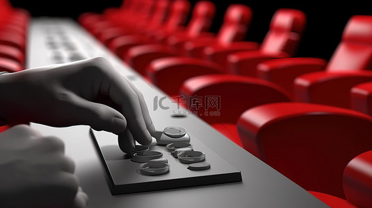 电影幕布背景图片_3D 渲染的手选择理想电影或座位并完成在线支付的插图