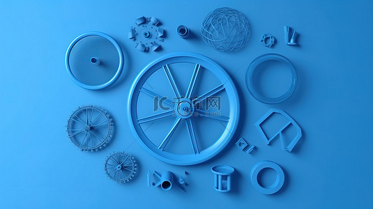 蓝色平躺场景中自行车车轮的充满活力的 3D 插图