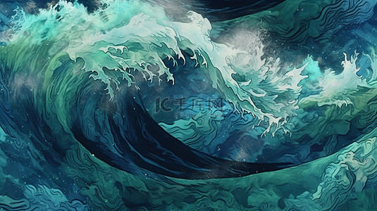 复古 3D 插图日本海洋波浪图案满足蓝色和绿色画笔描边纹理背景