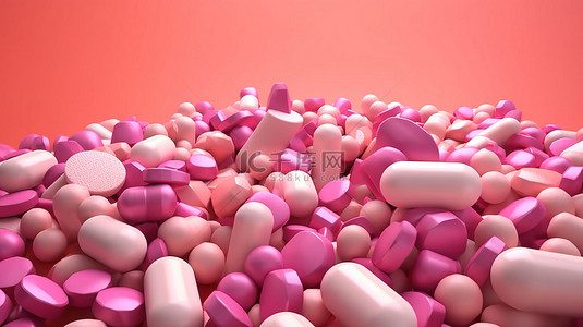 药片医疗背景图片_粉红色背景中的保健概念药片和胶囊，带复制空间 3d 插图