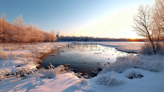 森林天空河水背景图片_冰冷的冬季仙境 3D 渲染冰冻的湖雪树和黄金时刻的光芒