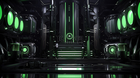 黑暗 3D 渲染中的绿色霓虹灯科学舞台