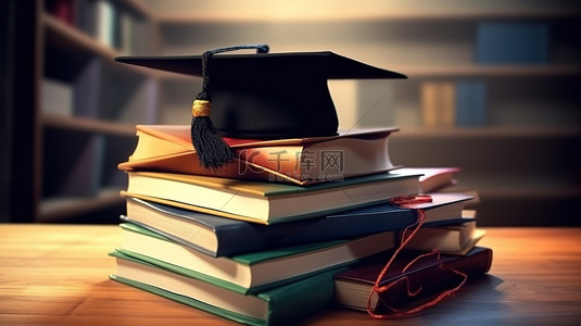 大学毕业背景图片_3d 渲染的毕业帽和书籍中的学术成就
