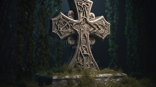 万圣节主题 3D 渲染令人毛骨悚然的墓碑，带有装饰十字装饰