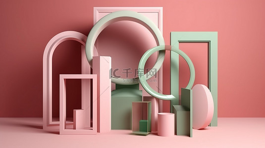 具有几何形状的柔和粉红色背景和粉红色绿色红色和白色 3d 渲染的相框