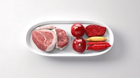 美食图标背景图片_微型牛排和鸡肉红白平面设计的单色 3D 图标