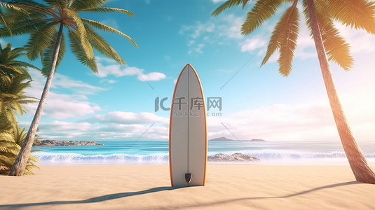 海滩冲浪板背景图片_3D 渲染宁静的夏季海滩，配有动画棕榈树冲浪板和沙子