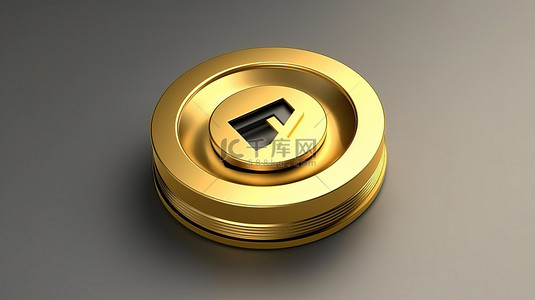 3D 渲染灰色钥匙按钮，带有金色数码相机图标，直观的 ui ux 元素