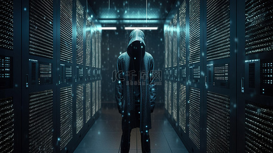 黑客背景图片_服务器机房中神秘黑客的 3d 渲染