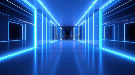 舞台背景蓝色背景图片_废弃房间里无尽的走道，配有蓝色霓虹灯，3D 渲染中展示了未来主义和抽象概念