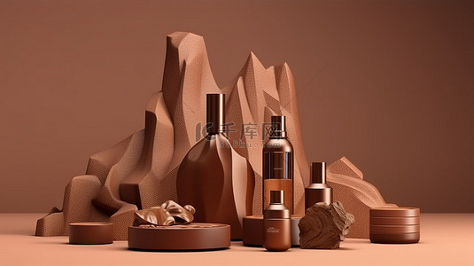 产品植入和 3D 展示效果图，以棕色岩石成分和化妆品平台为特色