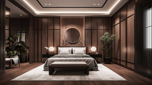 中式背景图片_令人惊叹的 3D 渲染当代中式卧室套房，配有优雅的衣柜
