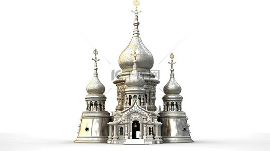 俄俄罗斯背景图片_来自一座古老修道院的大银钟，在白色背景上以 3D 渲染呈现
