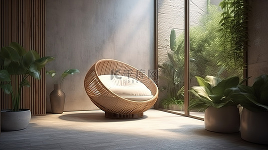 客厅中舒适扶手椅的 3D 渲染，可欣赏花园景观