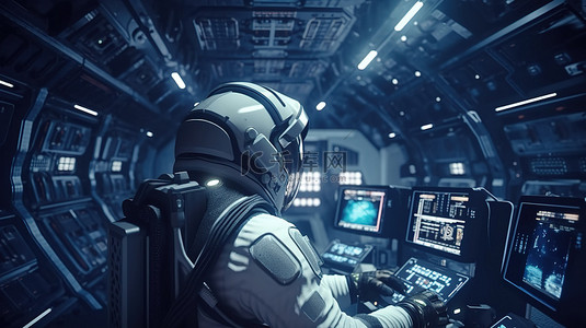 宇航员在空间站执行任务的 3D 渲染