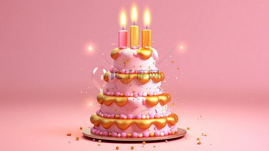 粉红色背景生日蛋糕的 3D 渲染，配有卡通甜点和分层蜡烛
