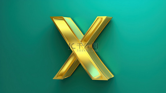 潮水绿色背景上的小写福尔图纳金色字母“x”粗体字体图形符号 3d 插图