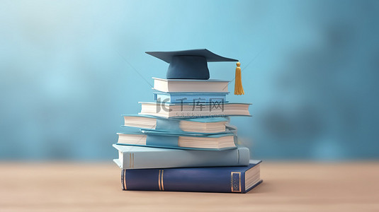 蓝色背景与 3D 书籍和毕业帽代表教育