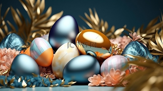 节日庆祝海报背景图片_庆祝复活节设计，具有现实的装饰元素和假日背景的 3D 鸡蛋