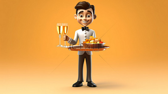 吃货背景图片_拿着一盘香槟的侍者卡通片的 3D 插图