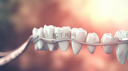 牙套微笑背景图片_选择性聚焦 3D 渲染详细了解健康的牙齿支撑过程