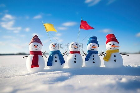 风筝背景图片_背景雪地上有五个雪人，背后有旗帜