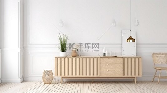 极简主义风格的室内场景 3D 渲染和带餐具柜的白墙模型插图